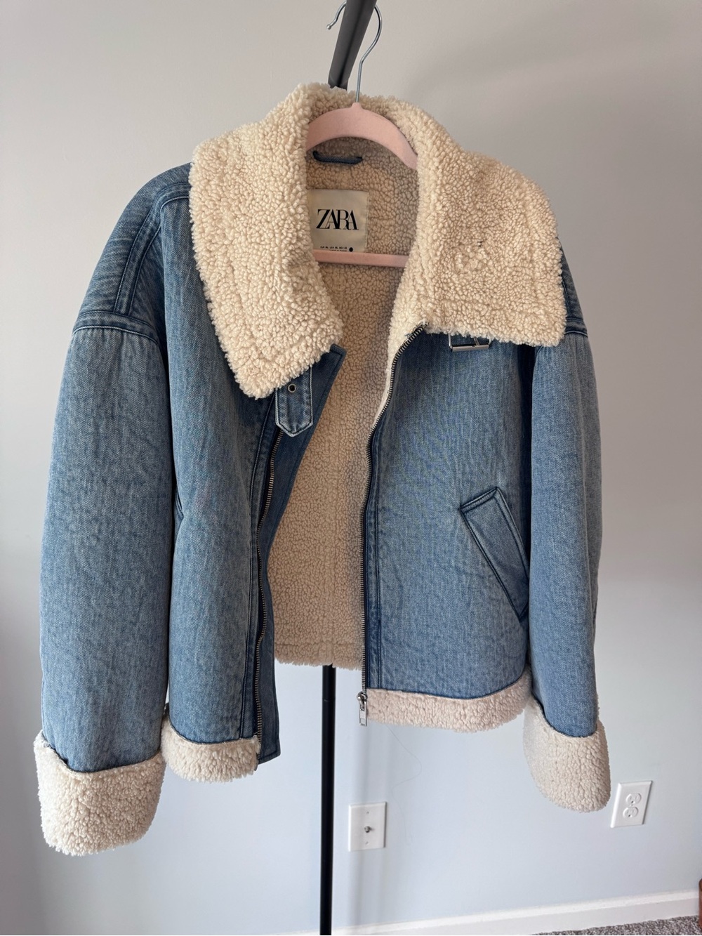 ZARA Light Blue Denim Jacket with Cream Sherpa Lining